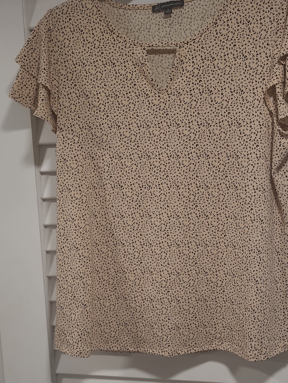Adrienne Vittadini Beige Top with Black Micro Dot Print and Flutter Sleeves